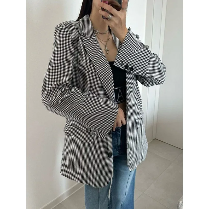 SuperAen 2026 Autumn New Korean-style Loose Houndstooth Casual Tops for Women Fashion Single-breasted Tailored Coats