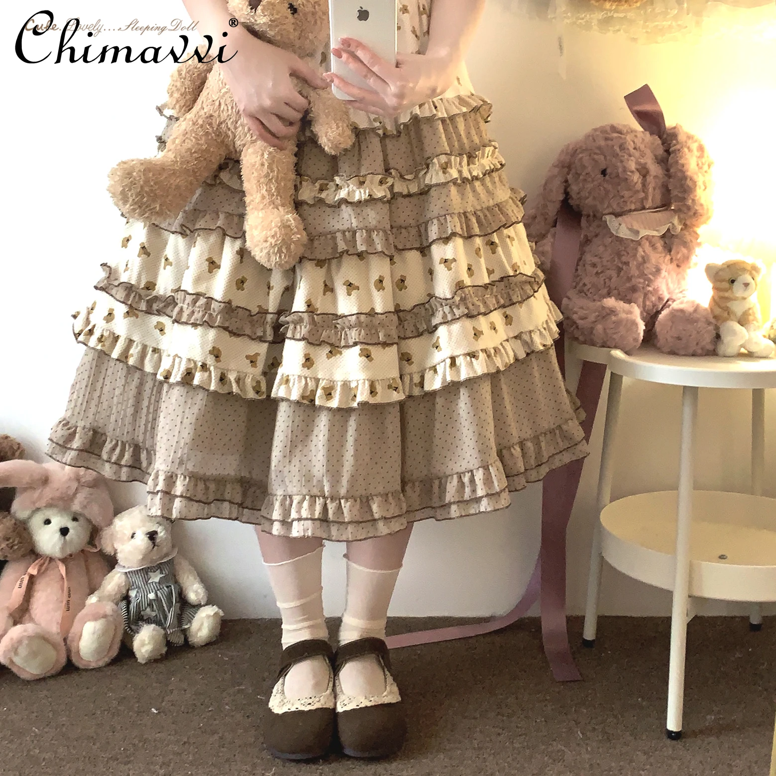 

New Japanese Sweet Lolita Skirt Women Kawaii Bear Print Ruffles Party Cake Skirts Y2k Female Elegant Mid-length Cotton Skirt