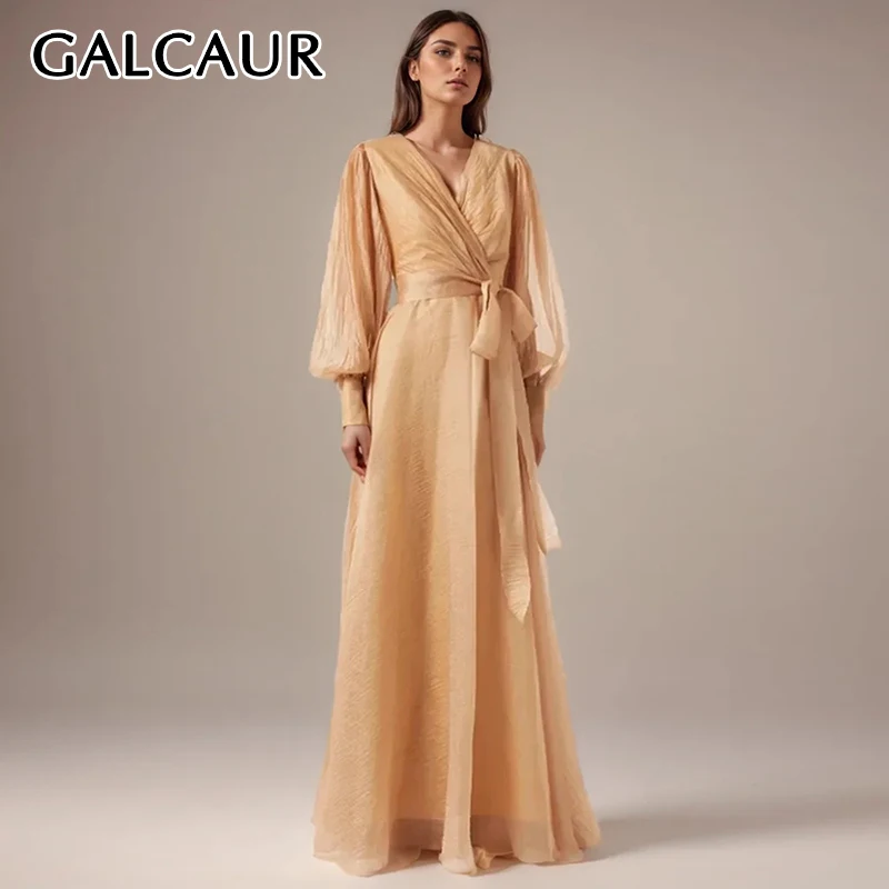 

GALCAUR Temperament Spliced Lace Up Dresses For Women V Neck Puff Sleeve High Waist Solid Patchwork Zipper Maxi Dress Female