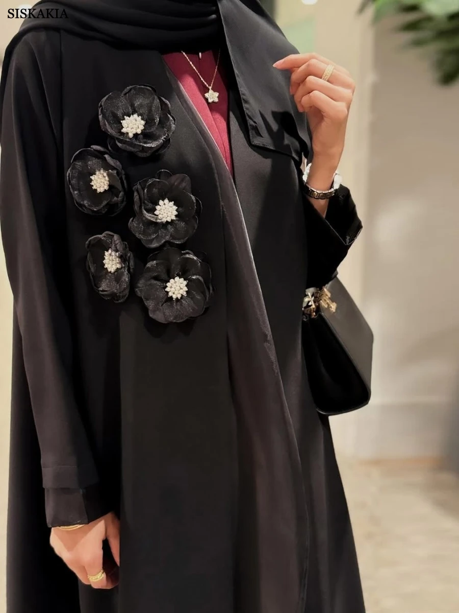 Siskakia musulman élégant Patch conceptions femmes ouvert Abaya dubaï solide perles Cardigan col en v caftans