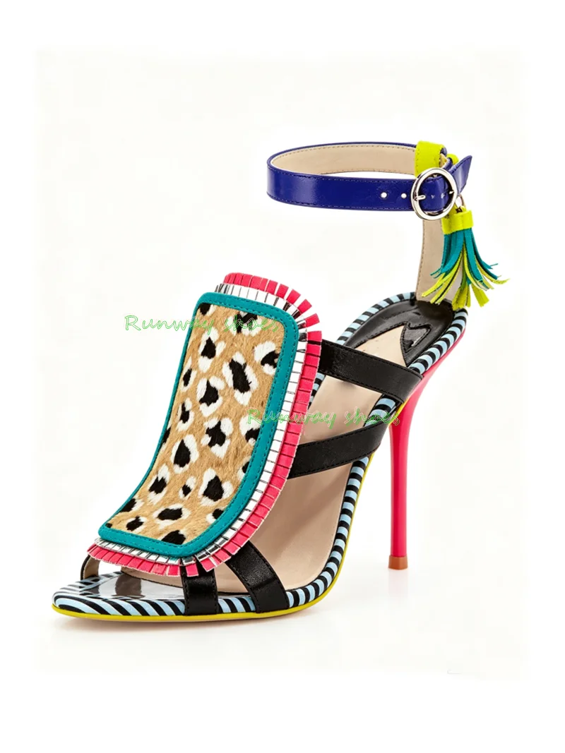 Leopard Print Splicing Open Toes Stilettos Women's Sandals Bow Buckle Color Blocking Rose Red Heels Sexy Luxury Women's Shoes