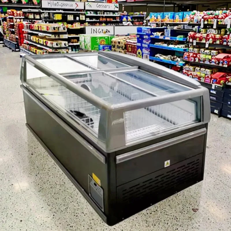 Supermarket Meat Cooler Island Freezer Glass Door Display Fridges Commercial Refrigerator