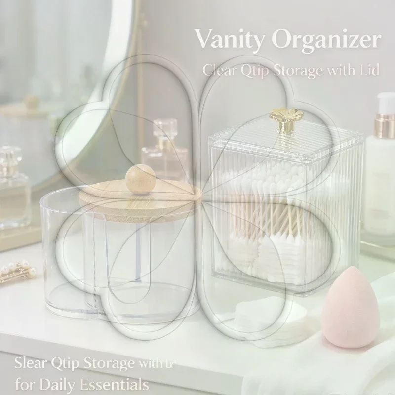 Transparent Dual Compartment Cotton Swab Storage Box Clear Cosmetic Pad Organizer With Bamboo Lid For Bathroom Vanity Desk
