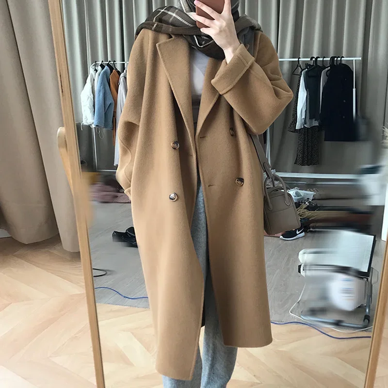 

Women Double Breasted Loose Woolen Coat Lapel Collar Long Sleeves Solid Women's Casual Oversize Coat Autumn Winter