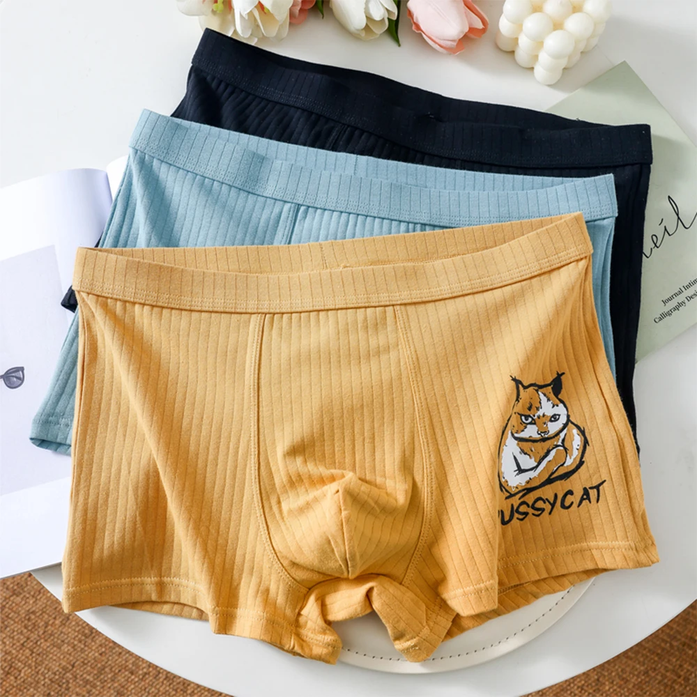 

3PCS/Pack 100% Cotton Men's Panties Solid Striped Cat Print Boxers Underwear Breathable Moisture Absorption U Pouch Underpants