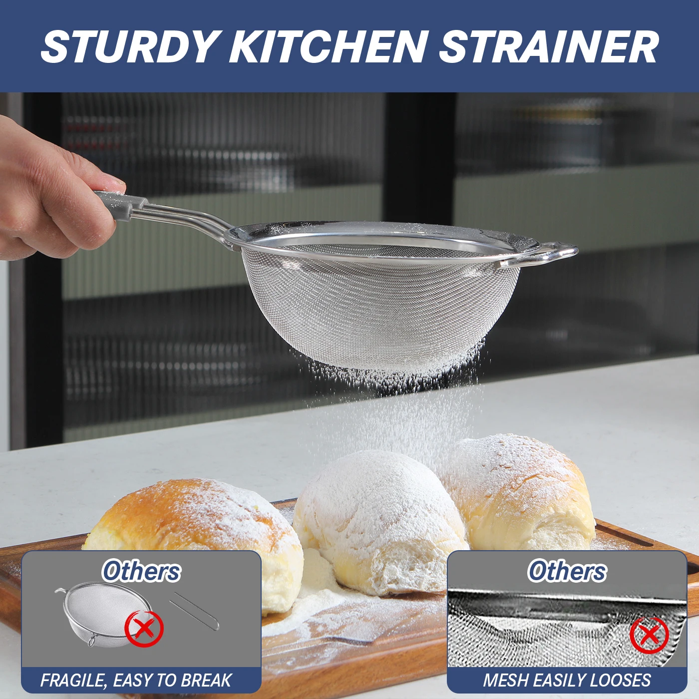 tastyWay2pcs/Set Stainless Steel Flour Sifter with Handle Sieve Metal Strainer for Kitchen Rice Juice Quinoa Food Flour Baking