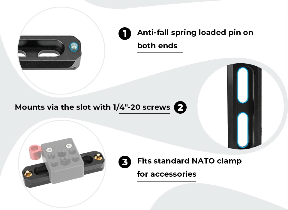 Barra de trilho NATO de segurança de liberação rápida para câmera HDRIG DSLR com parafusos de 1/4 ''para alça NATO EVF Attach