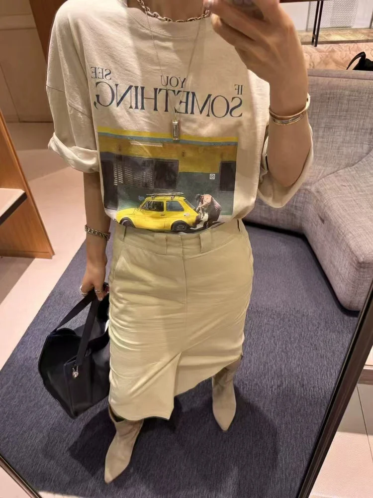 Retro Print Loose Fit ort Sve T-irt round Ne f Sve Summer Sweat Absorbing Women's Faion Casual Top