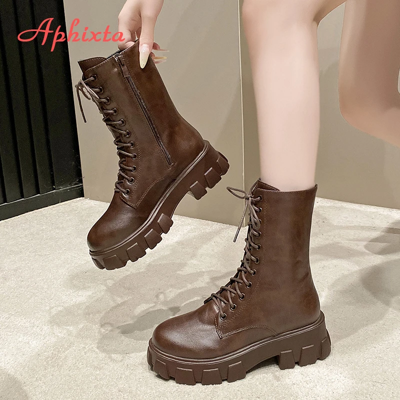 Aphixta Plattform Frauen Moderne Stiefel 5 cm Quadratische Ferse Schmale Band Zipper Frau Schuhe Runde Kappe Braun Große Größe 43 Ankle boot