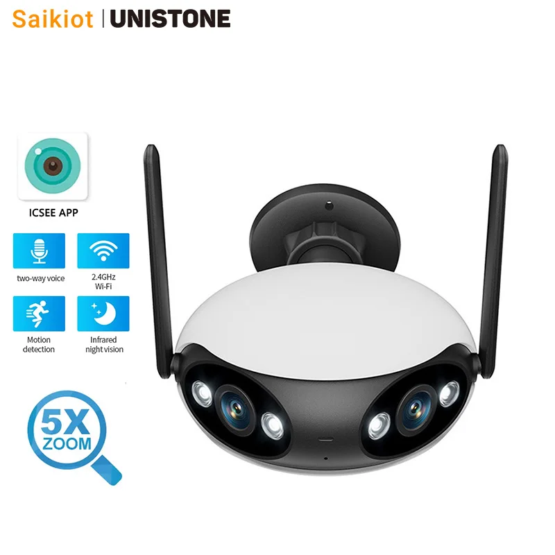 Saikiot ICSEE Onvif WIFI 4MP Dual Lens 5X Zoom Panoramic 180 Degree Camera POE Network Two Way Audio Outdoor Smart CCTV Camera