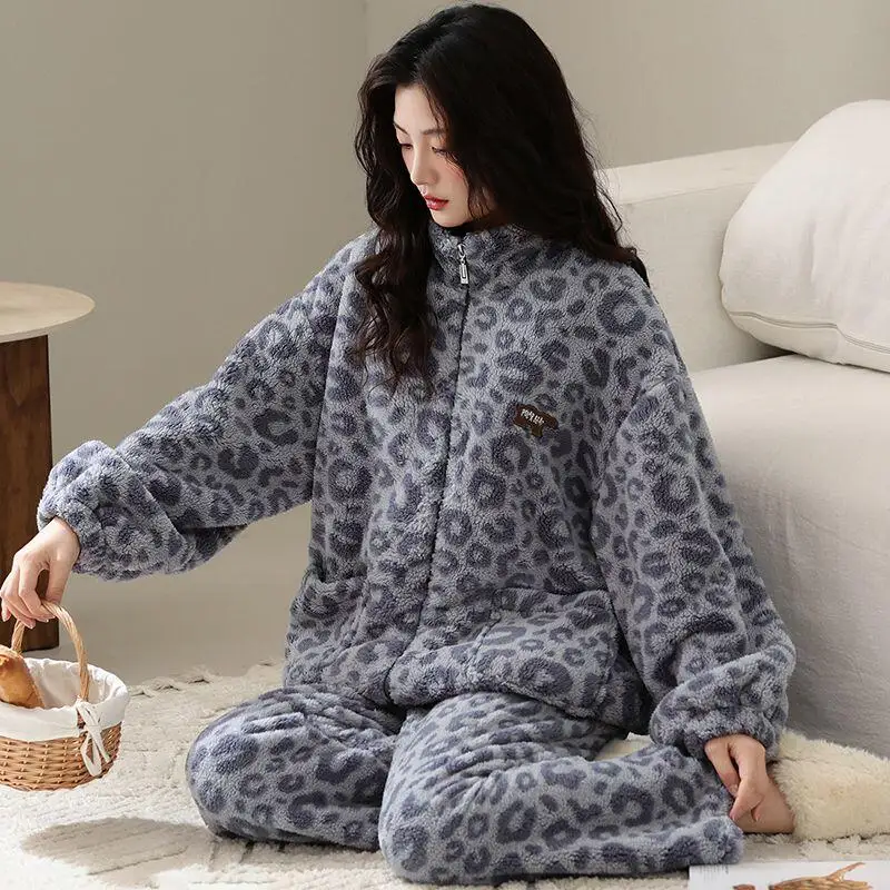

New Model Leopard Print Thicken Pajamas Female Autumn Winter Homewear Women's Coral Fleece Loungewear Home Wear Outerwear Suit