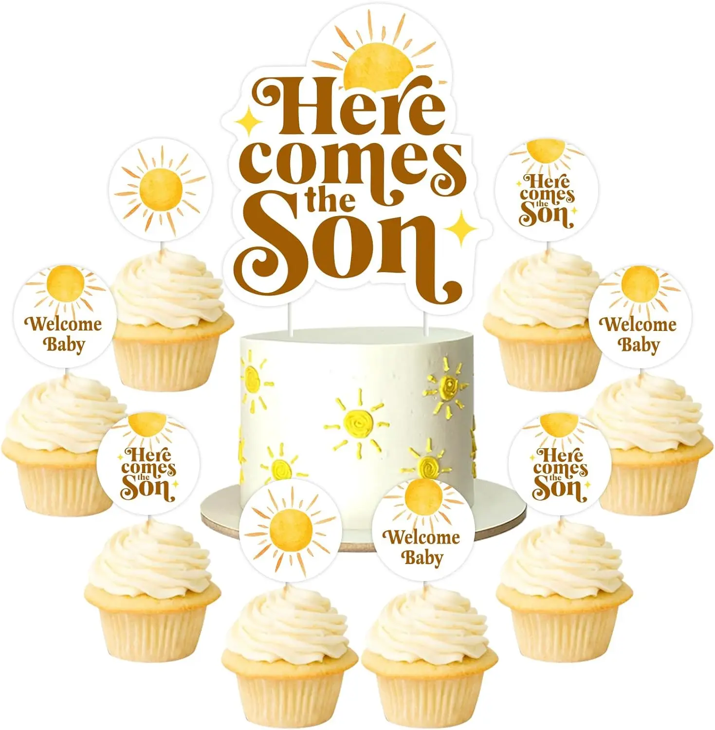 25 Pcs Here Comes The Son Baby Shower Cake Decor Retro Sun Cake Topper Boho Sunshine Theme Baby Shower Party Supplies