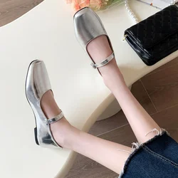 2022 New French Shallow Mouth Square Head Thick Heel Ballet Shoes Women's Design Niche Silver Mary Jane Shoes