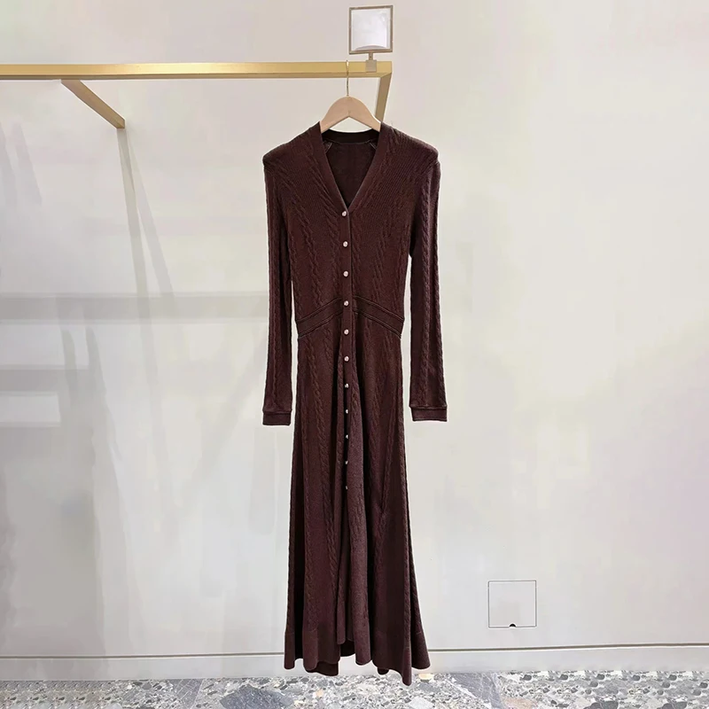 

French Sle High Waist Knitted Wool Dr V Ne Long Sve mid Length Twist Flower Pattern Single Button Ladies Dr