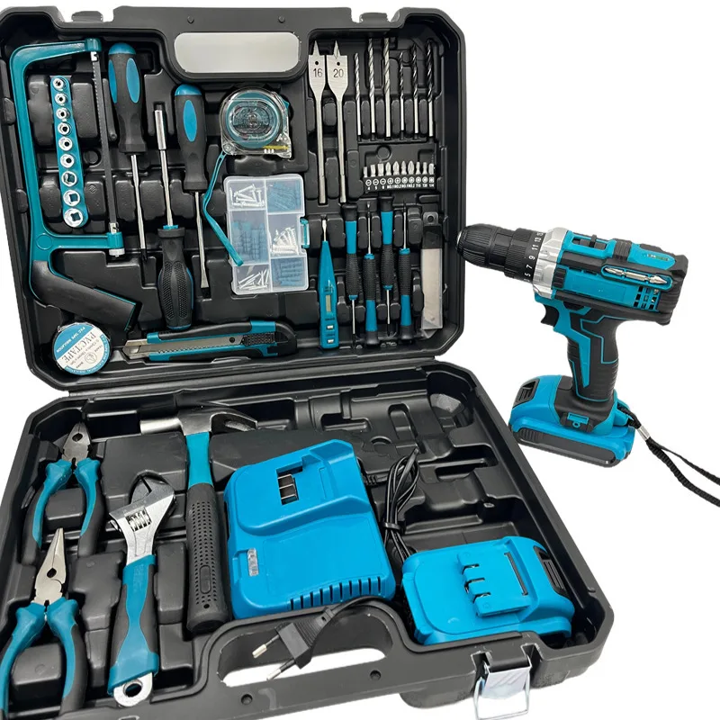 Lithium battery drill, double bead blue lithium battery drill multi-functional blue set