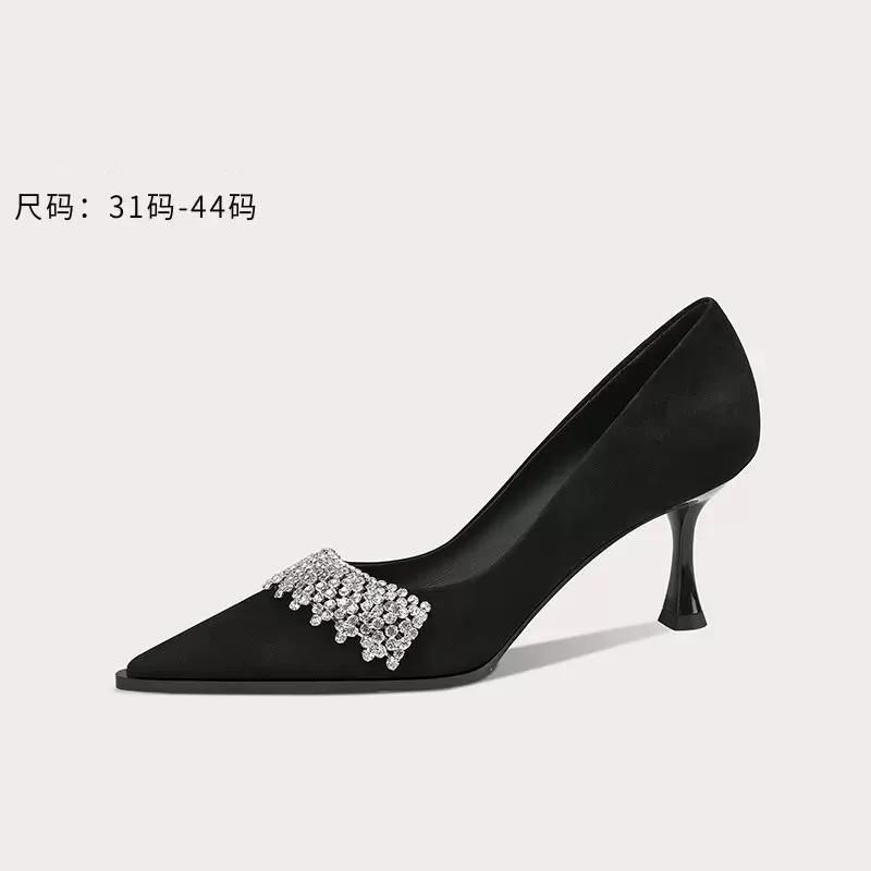 Spring and summer new pointy fleece rhinestone professional single shoes thin high-heeled party dress large and small women shoe