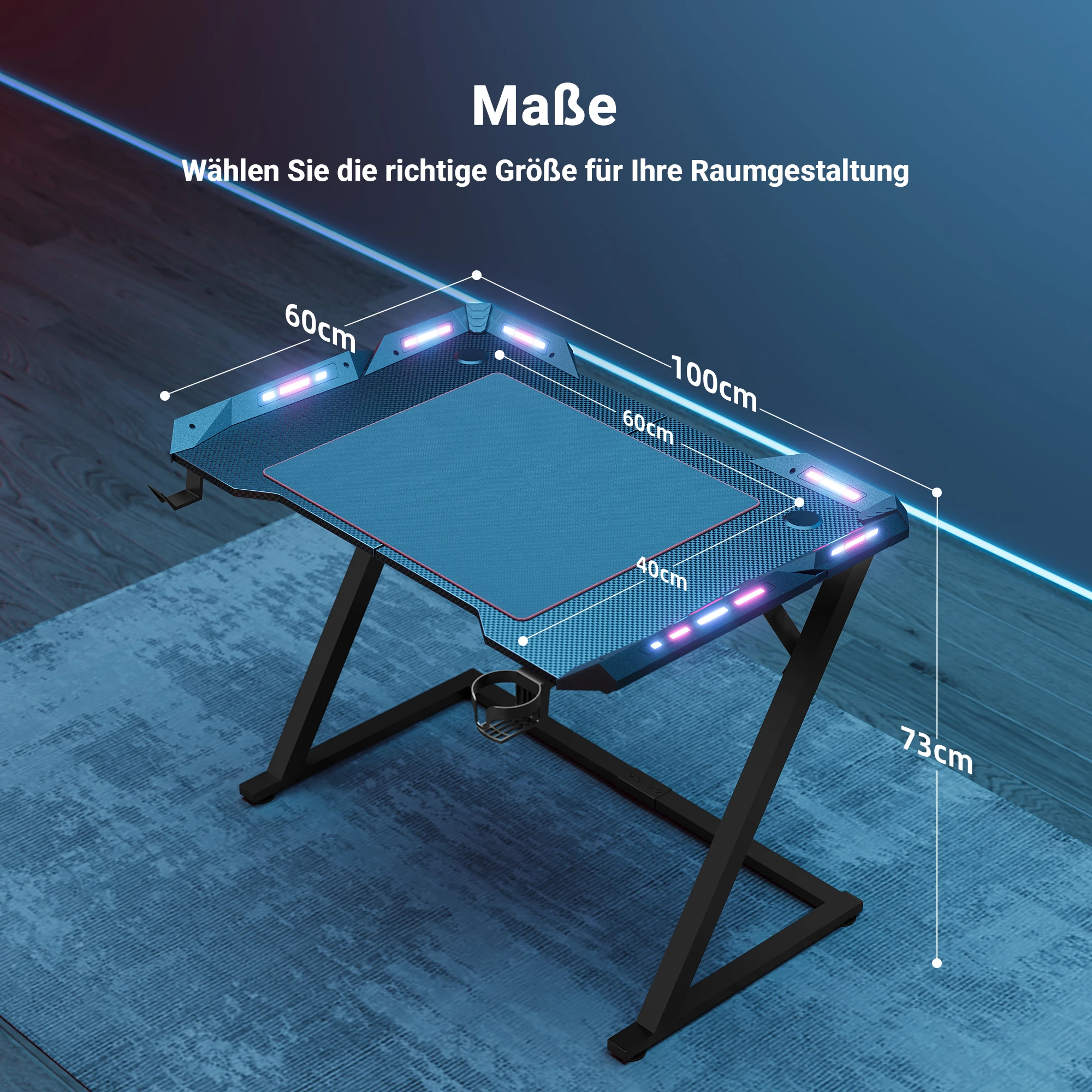 Claiks Gaming-bureau met LED-verlichting, Z-frame gamingtafel met bekerhouder