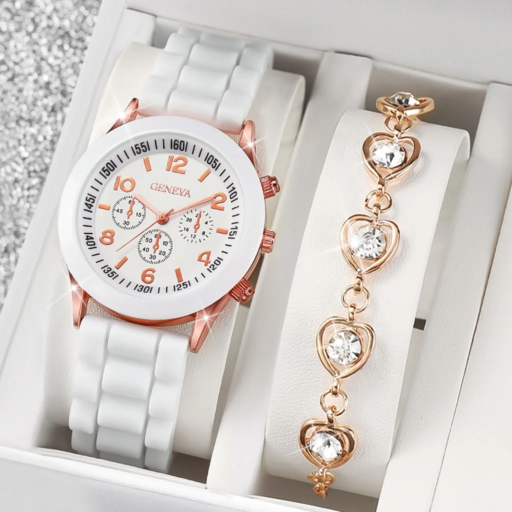 Women Fashion Silicone Band Quartz Watch with Love Heart Diamond Bracelet