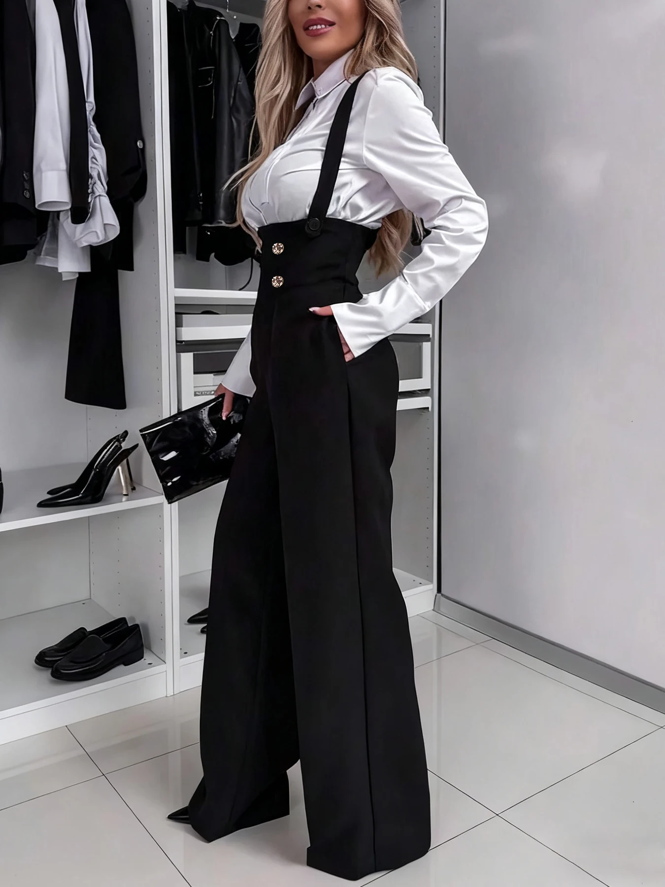 Celana Jumpsuit Wanita Musim Gugur Musim Dingin Model Suspender Kaki Lebar Warna Emas Kancing Dua Baris Retro Slim Fit Santai Sehari-hari Fashionable