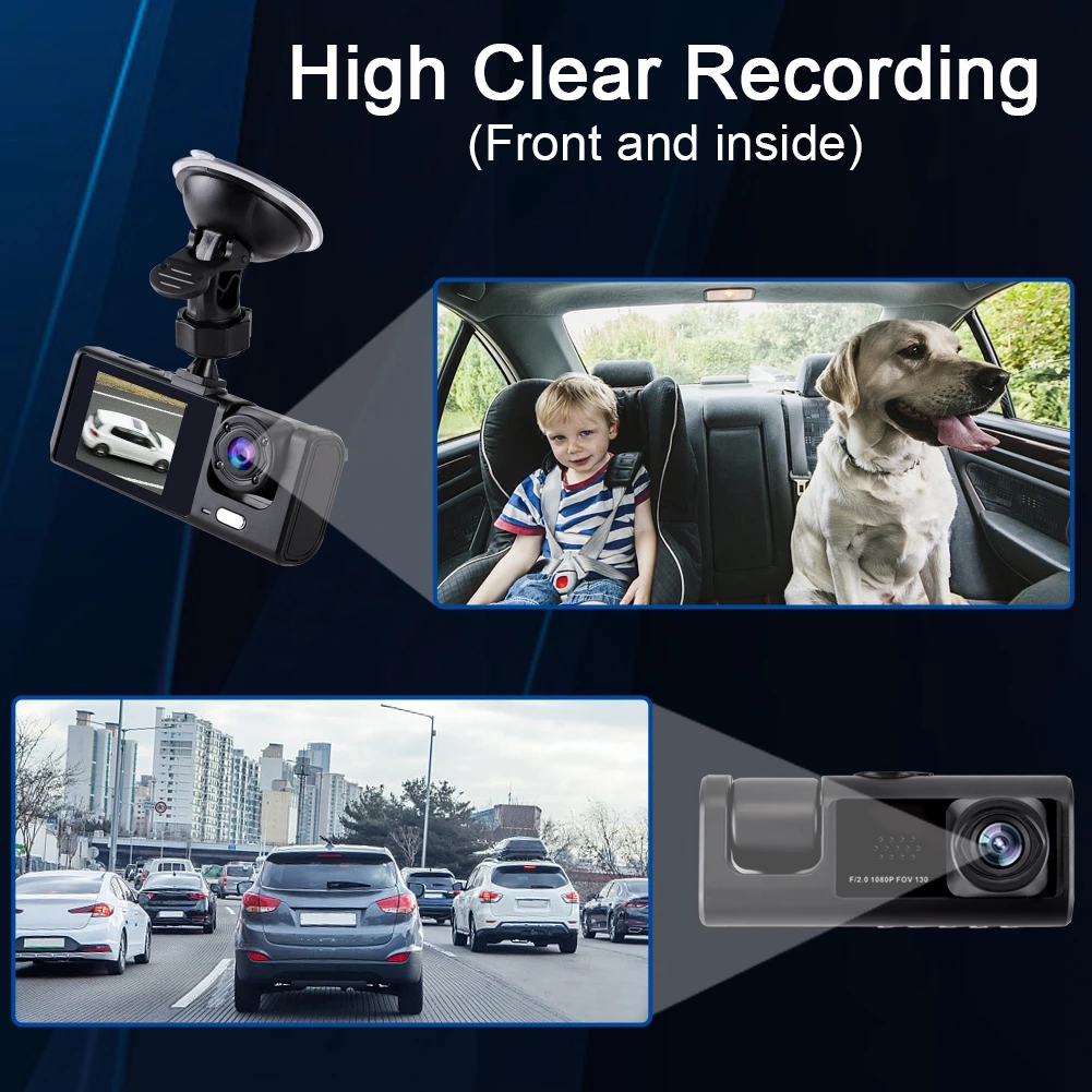 3 Channel Dash Cam Front/Rear Inside 1080P Dash Camera with 4 IR Lamps/Night Vision for Car