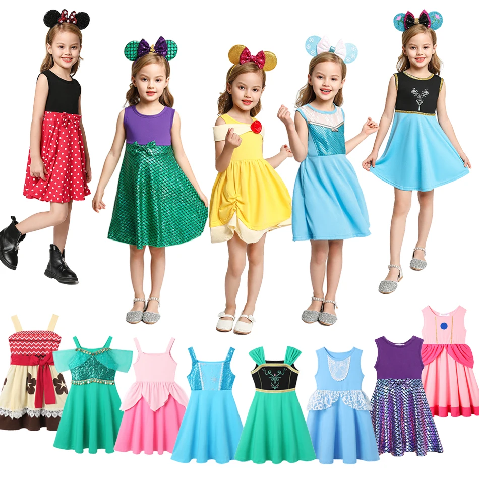 Baby Girl Summer Dress Kids Princess Elsa Anna Mermaid Dress Jasmine Rapunzel Cinderella Skirt Belle Moana Beach Casual Clothes