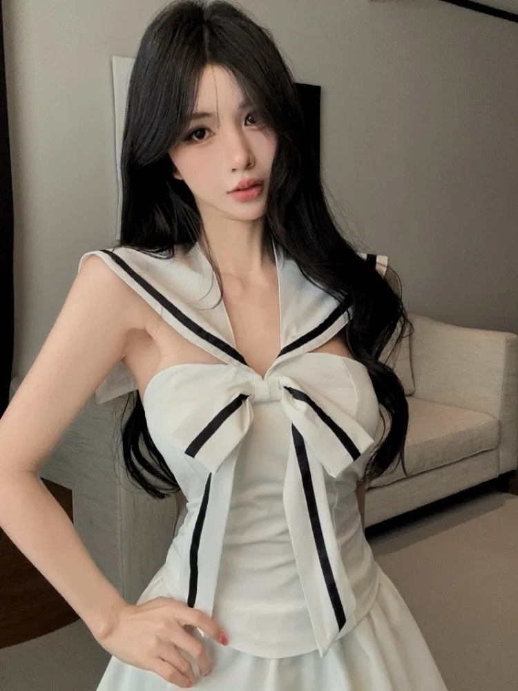 

Summer New Korean Style Pure Desire School Uniform Sweet Shirt Slim Fit Half Skirt Two Piece Set for Young Girls