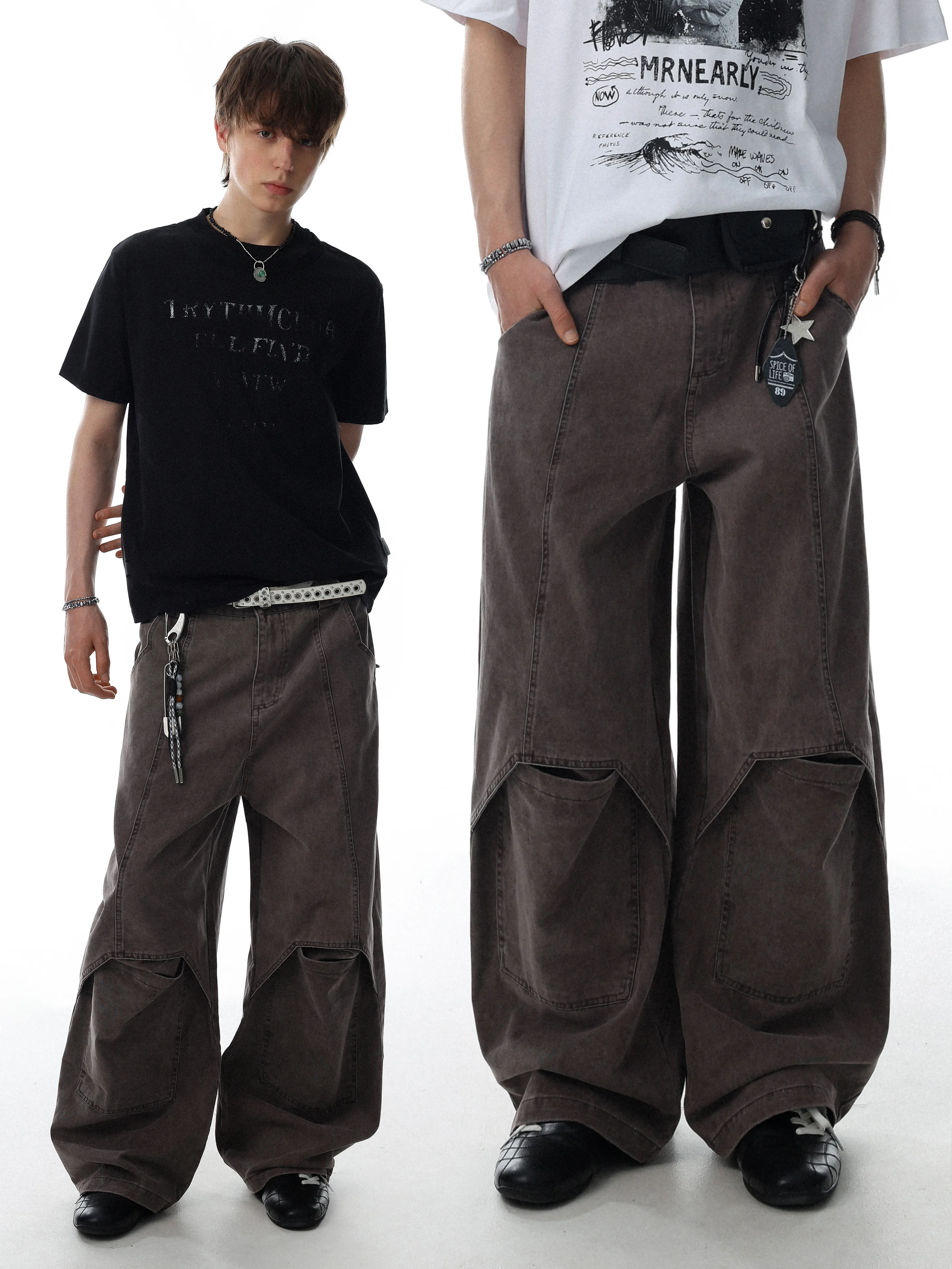American Retro Men's Casual Pants Hidden Knee Pocket Wide Leg Loose Design Summer Cotton Straight Tube Pants