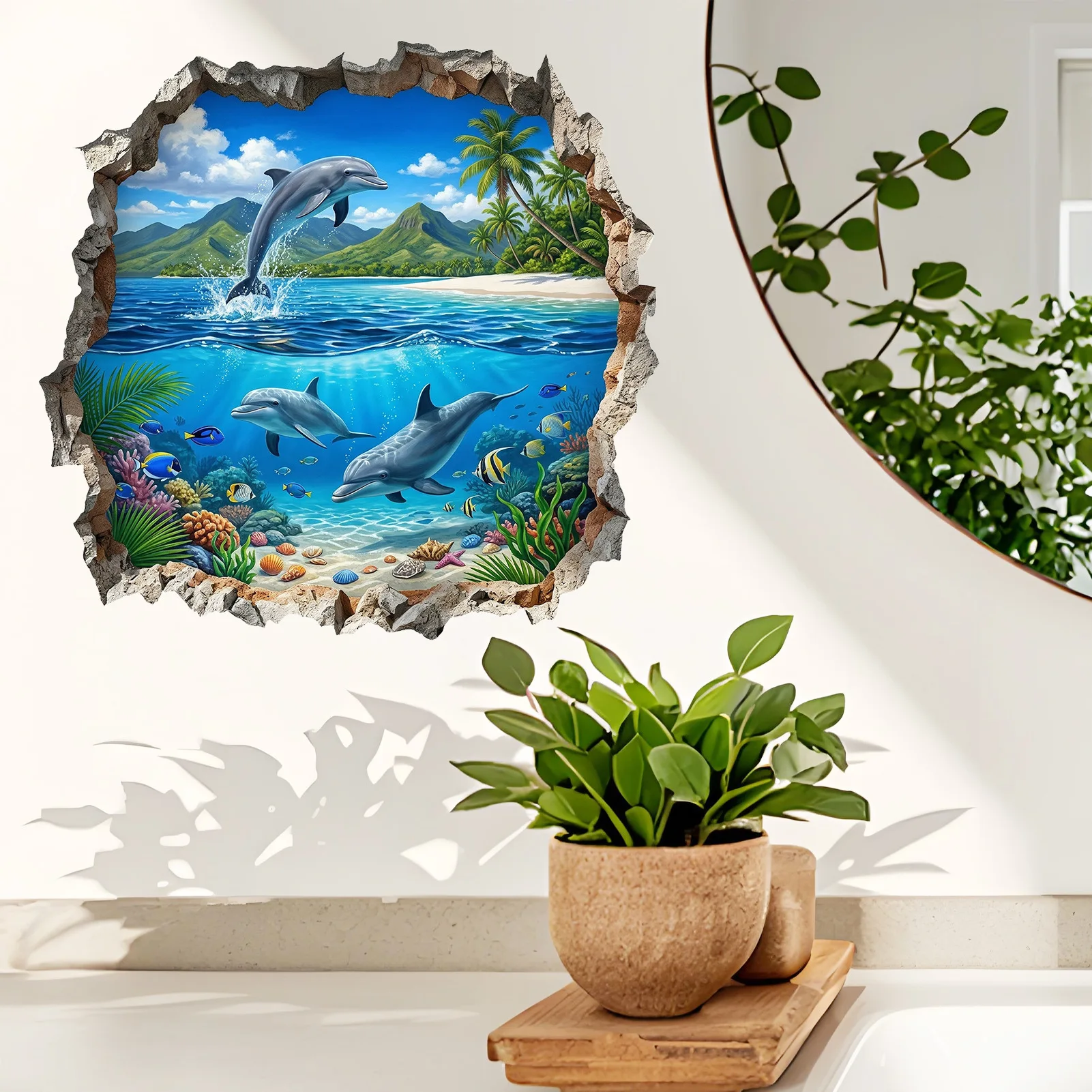 3D Dolphin Underwater World Wall Sticker, Tropical Ocean Beach Broken Wall Mural, Removable Bathroom Kids Room Decor