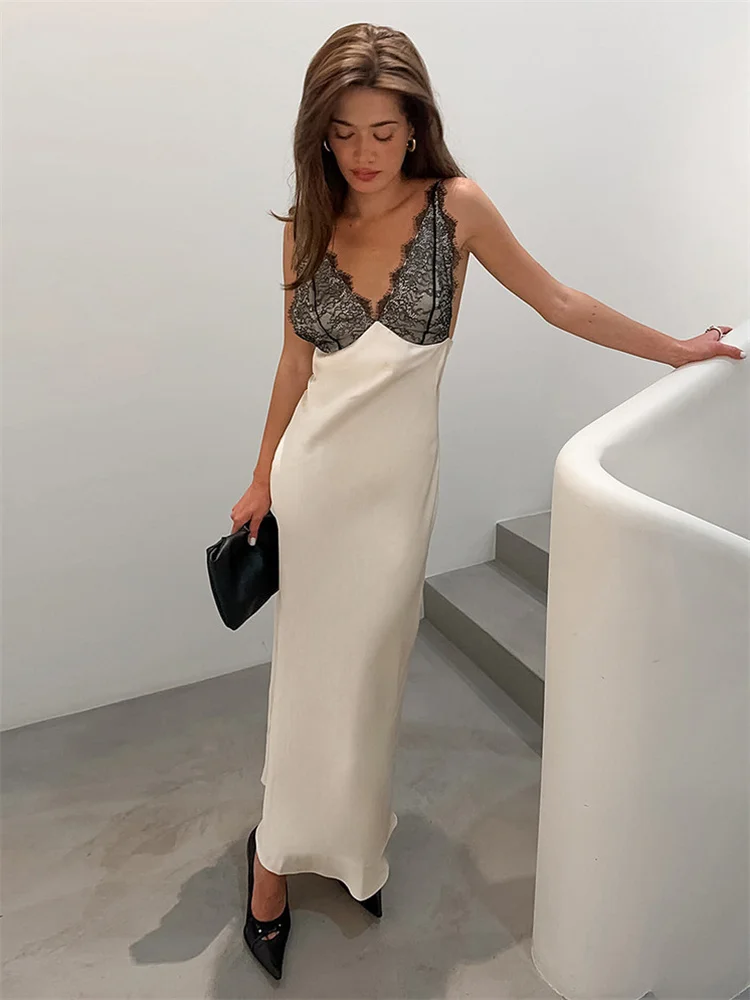 Lace V-Neck Printed Maxi Dress - Backless High-Waist Patchwork