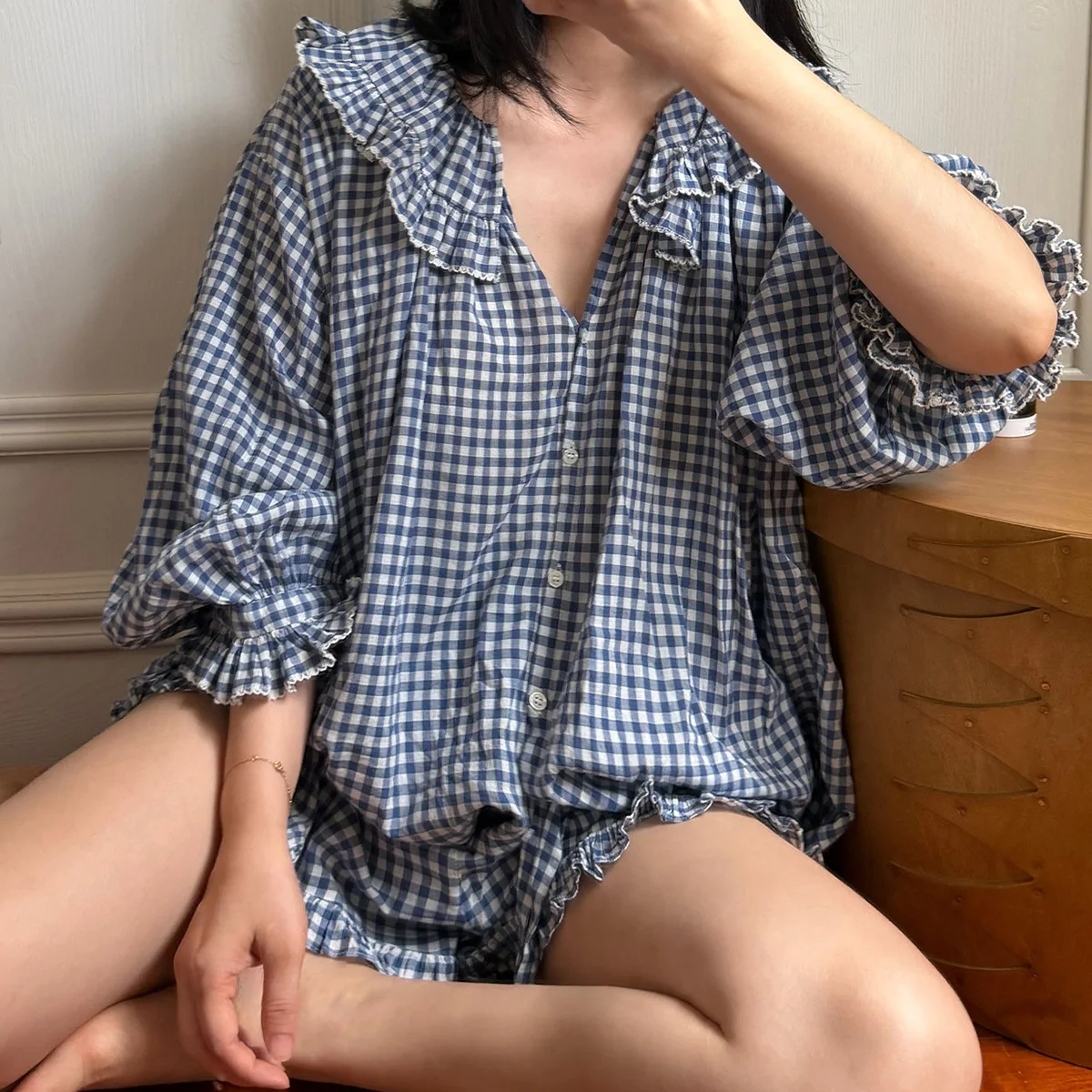 Women Japan Sleepwear 100% Cotton Soft Blue Autumn Winter Cute Pajamas with Small Floral Plaid French Home Suit Two Piece Set