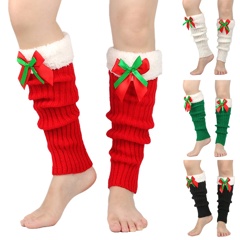 Jacquard Padded Christmas Socks Plush Warm Knit Stacked Socks Leg Warmers Cute Bowknot Stocking Knee-high Lolita Leg Cover Socks