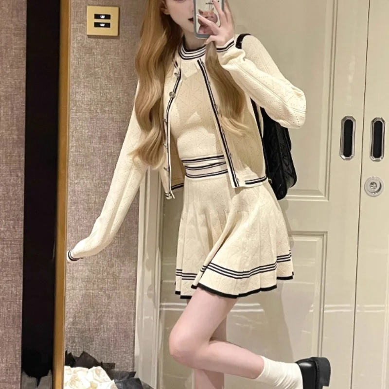 2023 Autumn Elegant 3 Piece Dress Set Women Casual Long Sleeve Y2k Crop Tops + Mini Skirts Cardigan Knitted Suits Office Lady