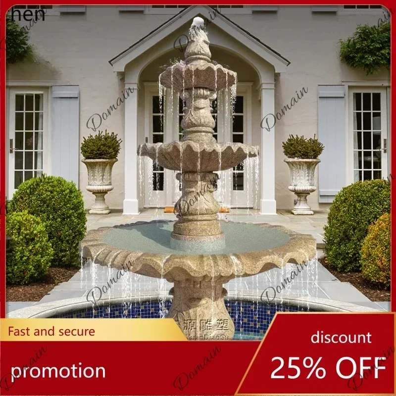 BPOI HYS Rockery Flowing Water Fountain Gold Hemp Stone Carved Water Bowl Large Water Feature Marble Fountain Lotus Flower