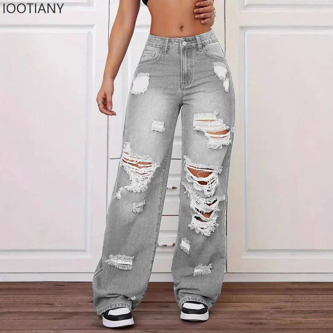 Delikli Kot Kadınlar İçin Geniş Paça Pantolon Vintage Yıkanmış Yırtık Kotlar Yerlere Kadar Yüksek Bel Eskitme Sokak Giyim Kadın Pantolonu
