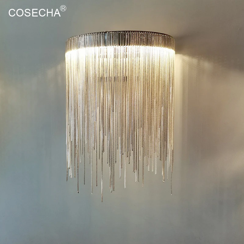 

Silver Aluminum Chain Wall Sconce Led Fringe Silver Wall Light Tassel Wall Lamp In Bedroom Bedside Loft Interior Light Fixtures