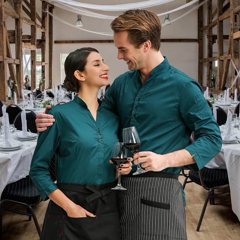 Restaurant Waiter Shirt+Apron Set Hotel Waitress Work Uniform Large Size Hotpot Working Clothing Logo Customized