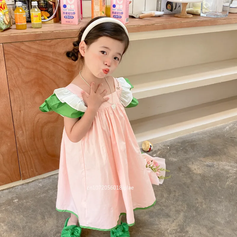 2026-summer-new-girls-contrast-color-flying-sleeve-dress-temperament-children's-clothing-charm-baby-backless-princess-dress