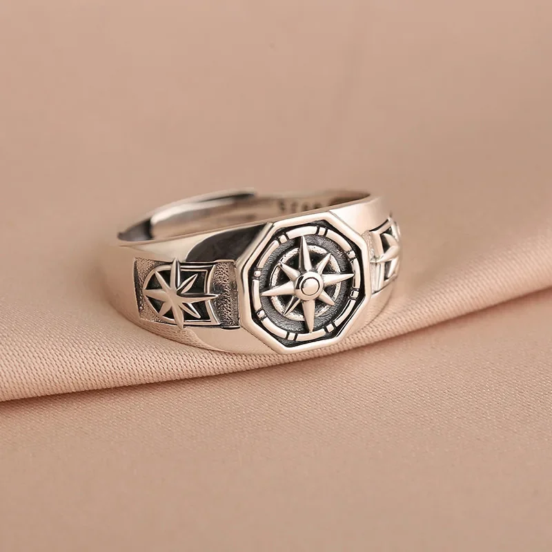 Anillo de brújula Poseidon Retro, anillo ajustable con apertura de hexagrama chapado en plata, regalo de joyería de tendencia Hip-Hop para hombres y mujeres
