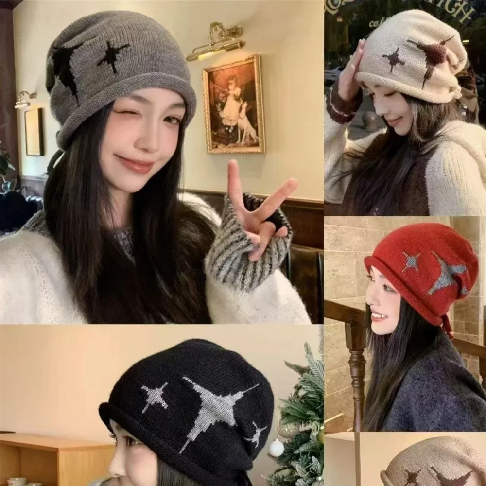 

Fashion Star Pattern Knitted Woolen Hat Thickened Cold-proof Cover Head Cap Keep Warm Windproof Drawstring Beanie Cap Women
