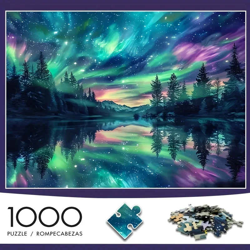 1000pcs Adult Jigsaw Puzzle - Northern Lights Aurora Borealis Night Sky Scene, 38x26cm/14.96x10.24in, High Difficulty Premium