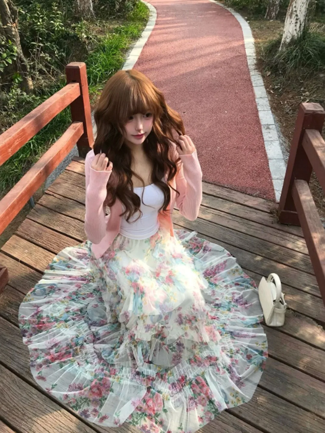 

Sweet Pink Floral Three-Piece Set Cardigan Strap Long Skirt Comfortable Spring Fashion Women's Clothing Soft Style Youthful