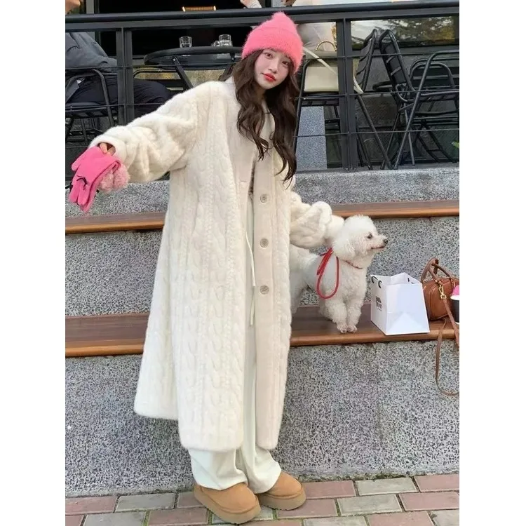 Thiened Long Knitted Mink Cardigan Cotton Plu Women's Winter Coat Eco-friendly Fur Outerwear Large Size Coat for Women
