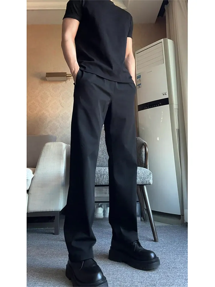 Black Silk Men's Suit Pants Casual Straight Leg Micro Flared Anti-Wrinkle Leaf Blade Knife Light Luxury Drape High Waist Loos...