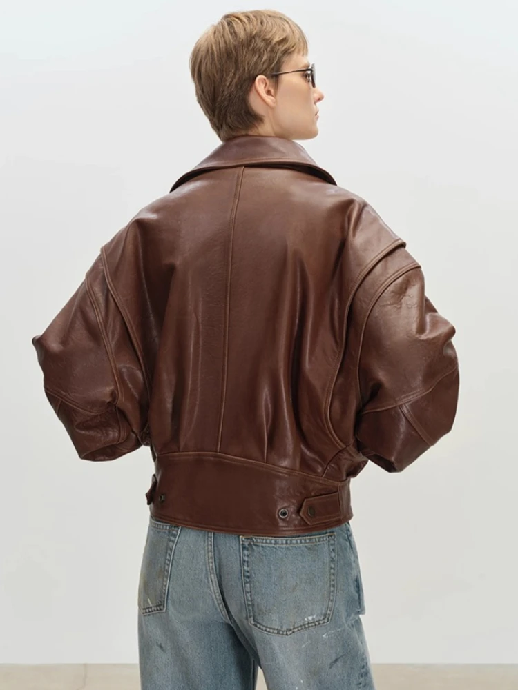 Vintage Short Genuine Leather Jackets for Women Autumn Winter 2025 High-end Simple Classic Bubble Real Sheepskin Quilted Coats