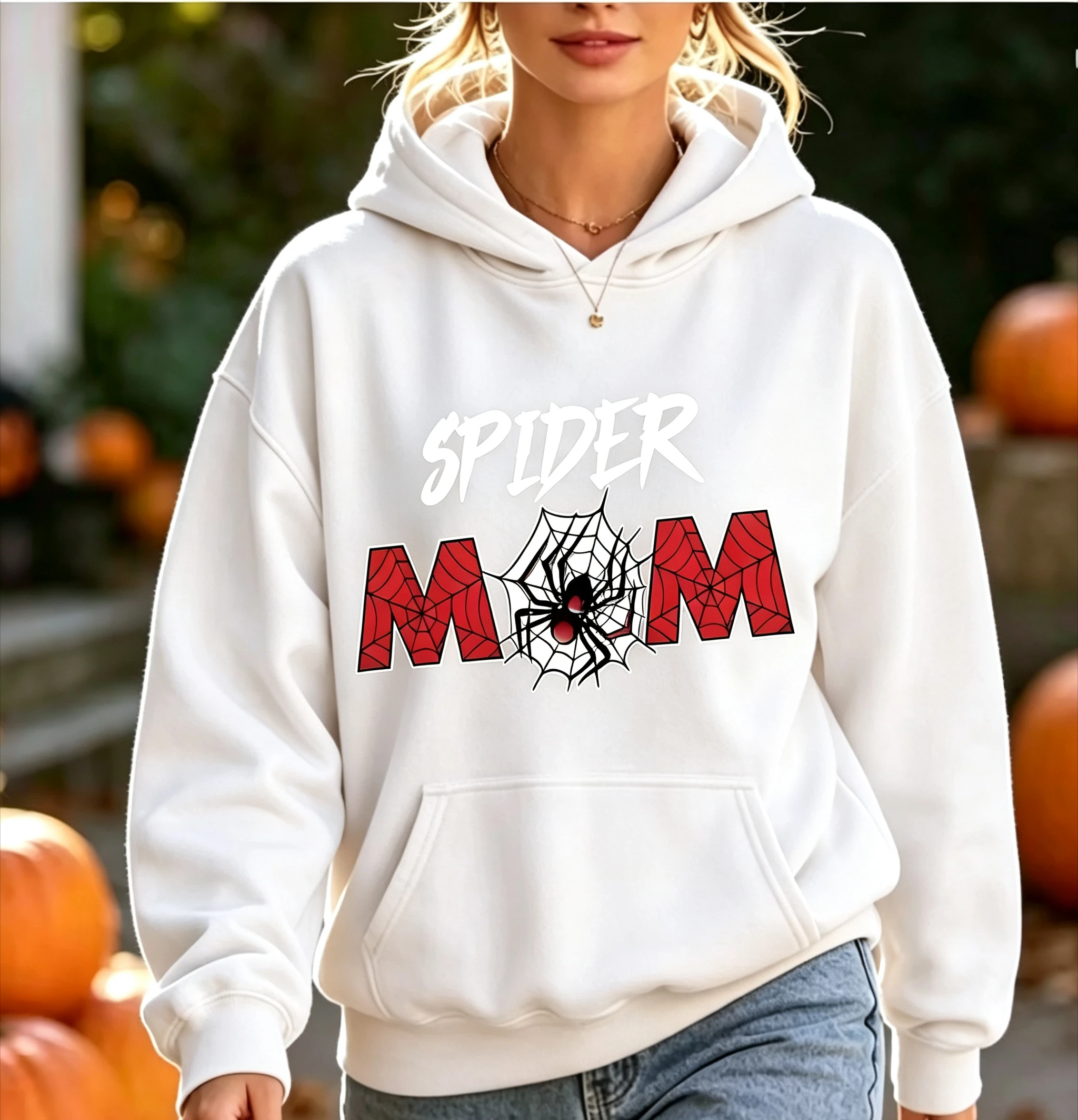 Spider Mom Spider Web Print Hoodie For Women Halloween Gift Long Sleeve Casual Pullover Hooded Sweatshirt