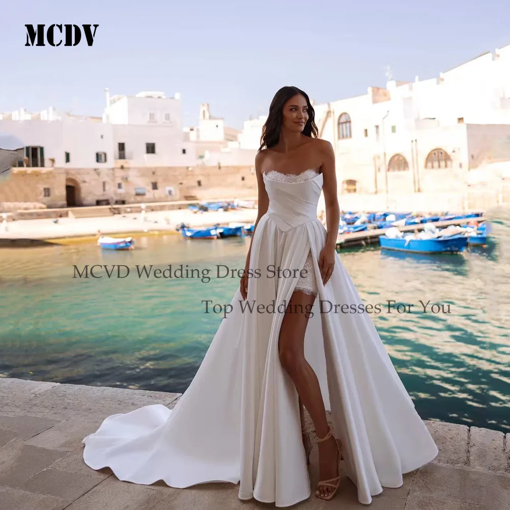 

MCDV 2 In 1 Elegant Wedding Dresses Strapless Applique V-Neck High Split Bride Gowns Customized Vintage Vestidos De Novia Plus