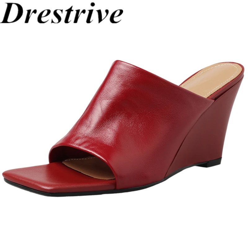 

Drestrive 2026 Classics Women's Sandals Sheepskin Square Toe Wedges Shallow Thick High Heels Slippers Handmade Summer Shoes