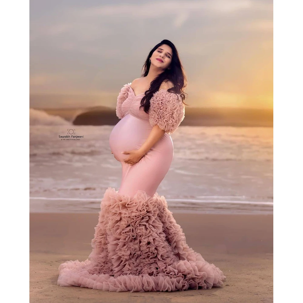 Gorgeous Mermaid Maternity Gowns For Photoshoot Off The Shoulder Puffy Sleeves Maternity Dresses Pregnancy Women Long Dress