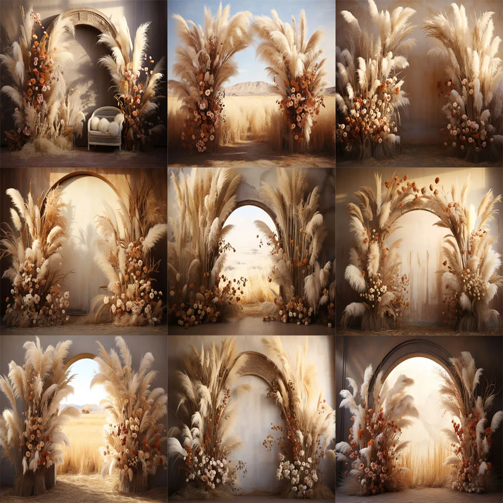 Rustic Boho Wedding Floral Arch Backdrops Maternity Photography Props Bohemia Pampas Grass Kids Birthday Decor Photo Background