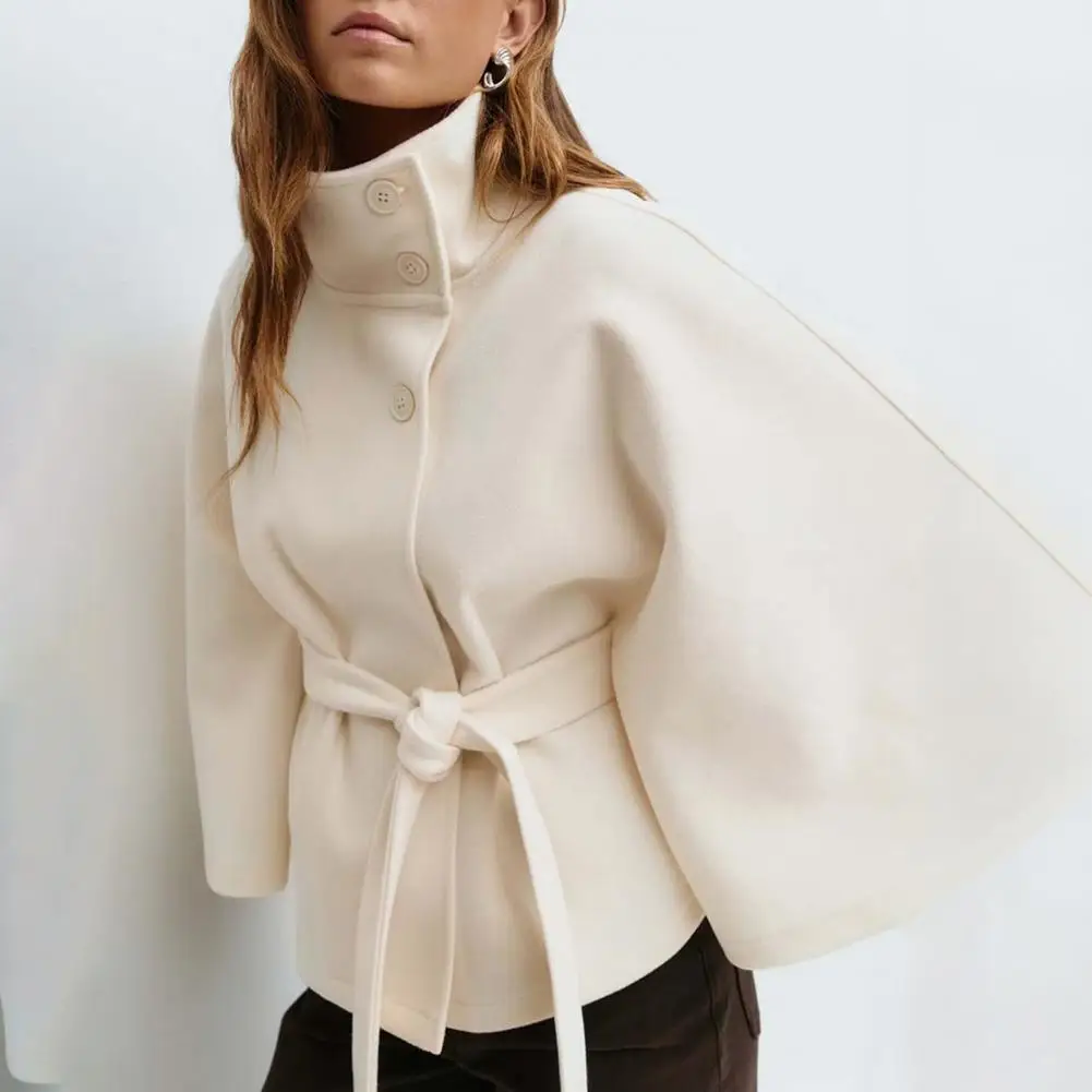 

2026 Stand Collar Cropped Cape Belted Trench Coat High Waist Trench Coat Commuter Coat Women Batwing Sleeve Wool Poncho Coats